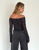 Kareena Long Sleeve Bardot Top in Pretty Petal Flock Navy sold by Motel Rocks