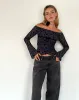 Kareena Long Sleeve Bardot Top in Pretty Petal Flock Navy sold by Motel Rocks