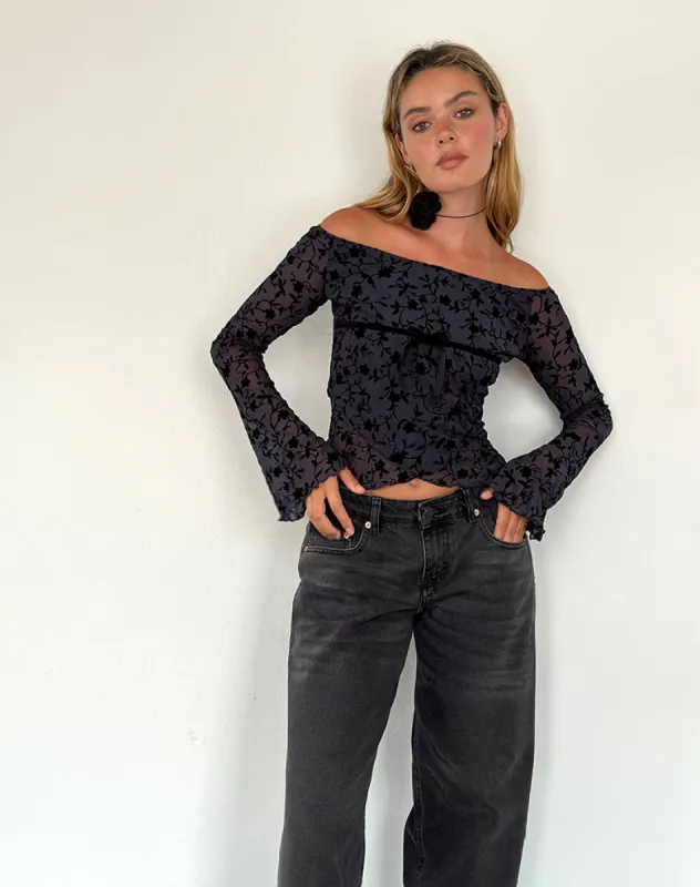 Kareena Long Sleeve Bardot Top in Pretty Petal Flock Navy sold by Motel Rocks