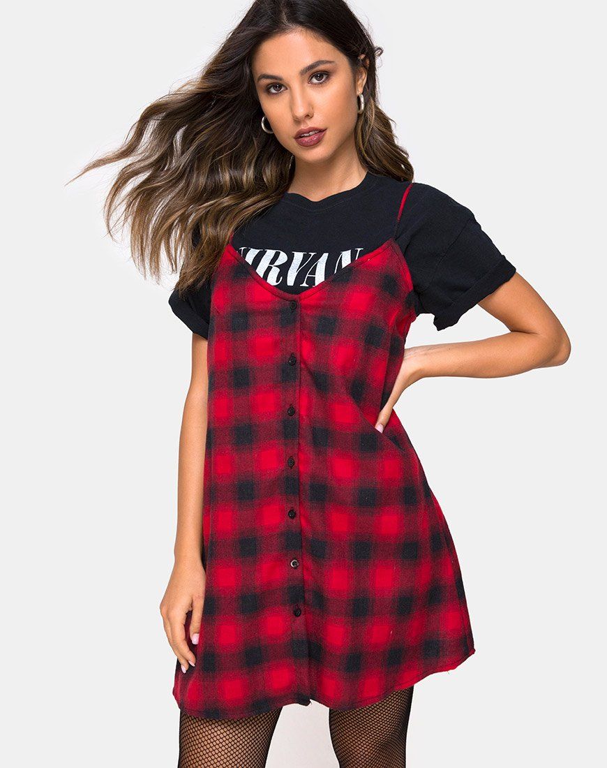 Sanna Slip Dress in Plaid Red Black sold by Motel Rocks