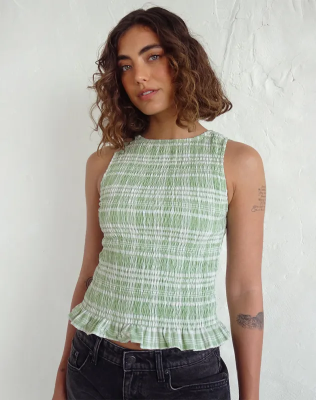 Birita Shirred Top in Table Cloth Neo Mint sold by Motel Rocks