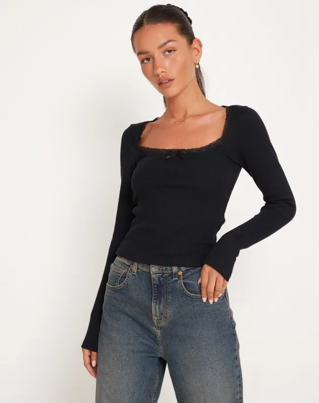 Bovita Long Sleeve Top in Rib Black made by Motel Rocks