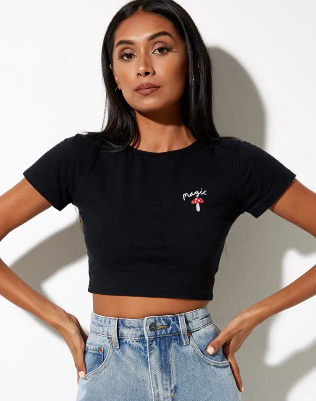 Tindy Crop in Black with Red Mushroom Embro sold by Motel Rocks