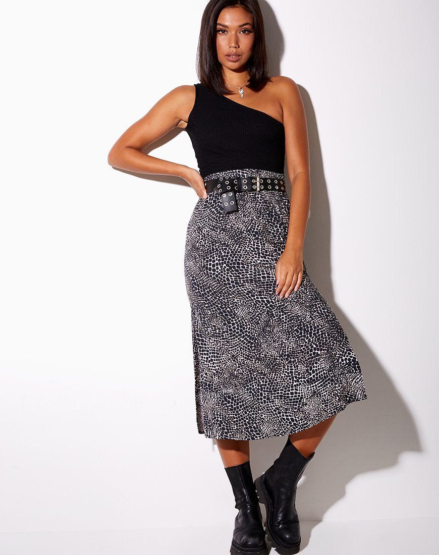 Tindra Midi Skirt in Abstract Croc Black sold by Motel Rocks