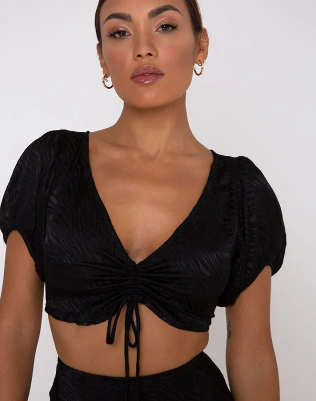 Raemzi Crop Top in Satin Zebra Black sold by Motel Rocks