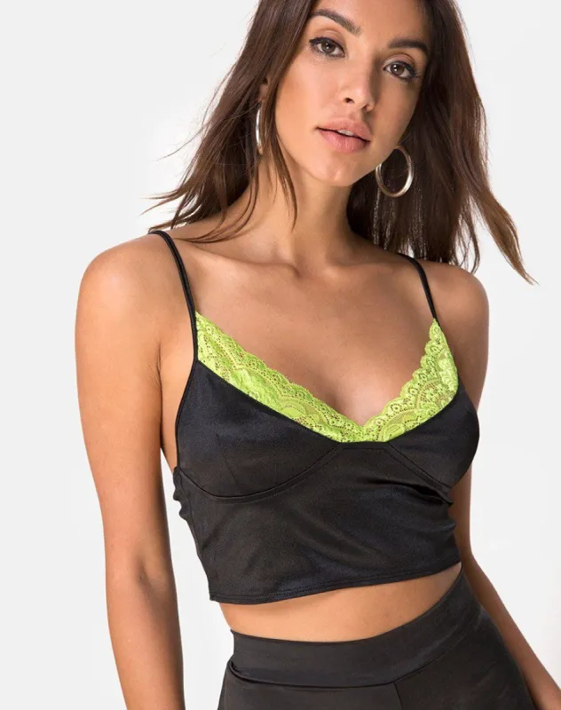 Dyrilla Top in Satin Black with Lime Lace sold by Motel Rocks