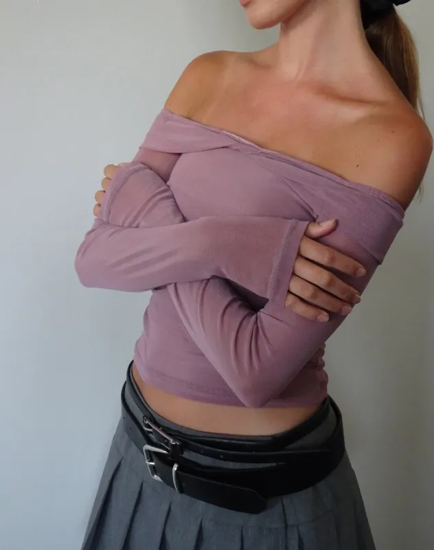 Nauri Long Sleeve Bardot Top in Wisteria Purple sold by Motel Rocks