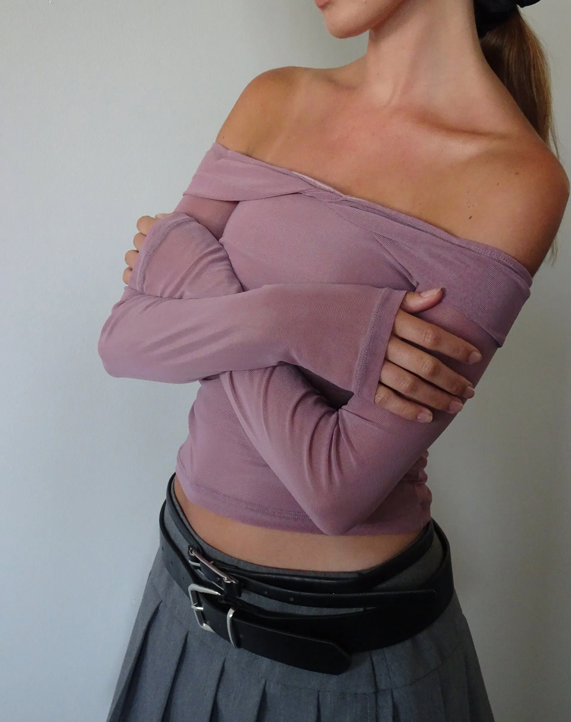 Nauri Long Sleeve Bardot Top in Wisteria Purple sold by Motel Rocks