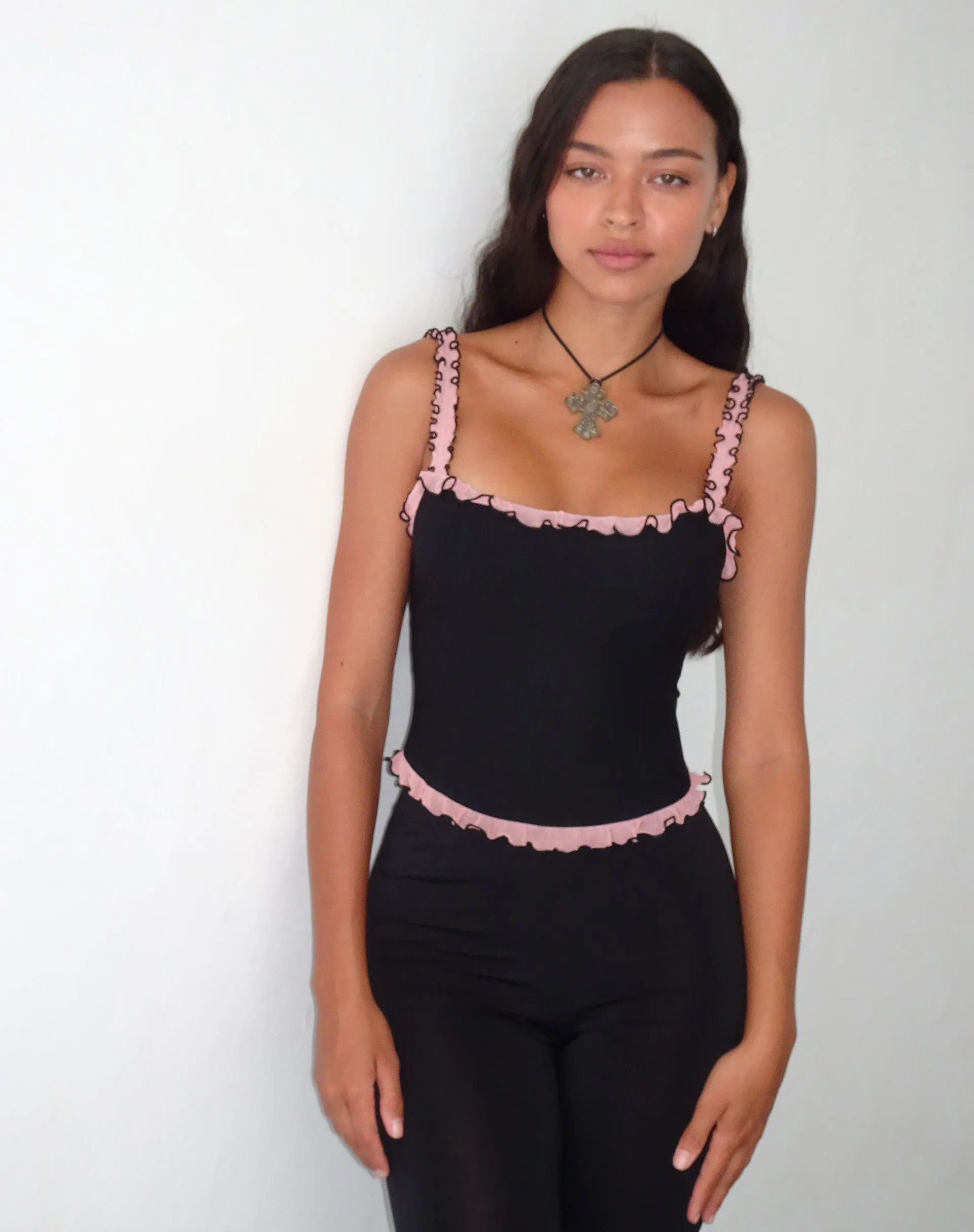 Idalia Corset Top in Black with Pink Mesh Ruffle sold by Motel Rocks product image thumbnail 5