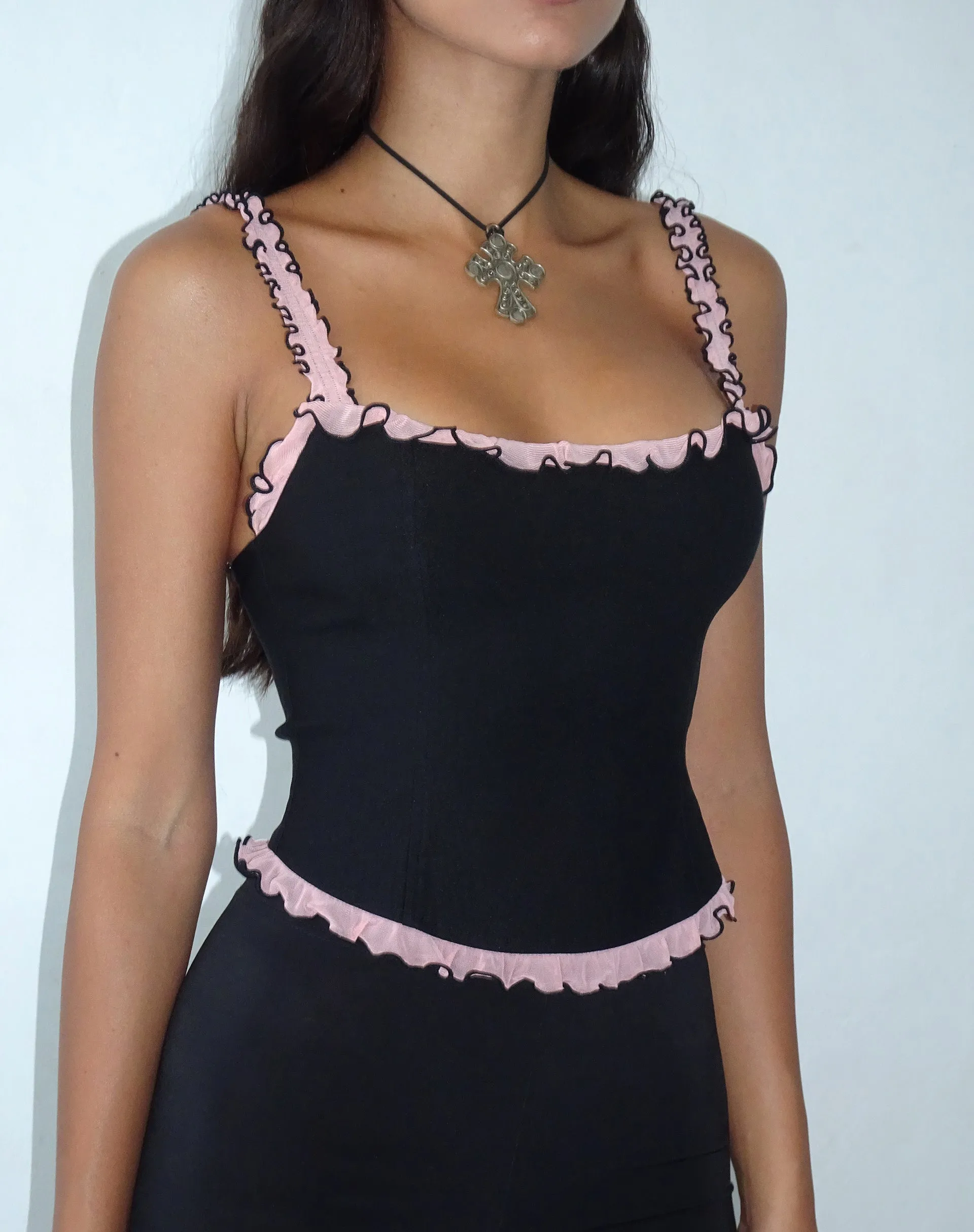 Idalia Corset Top in Black with Pink Mesh Ruffle sold by Motel Rocks product image thumbnail 3