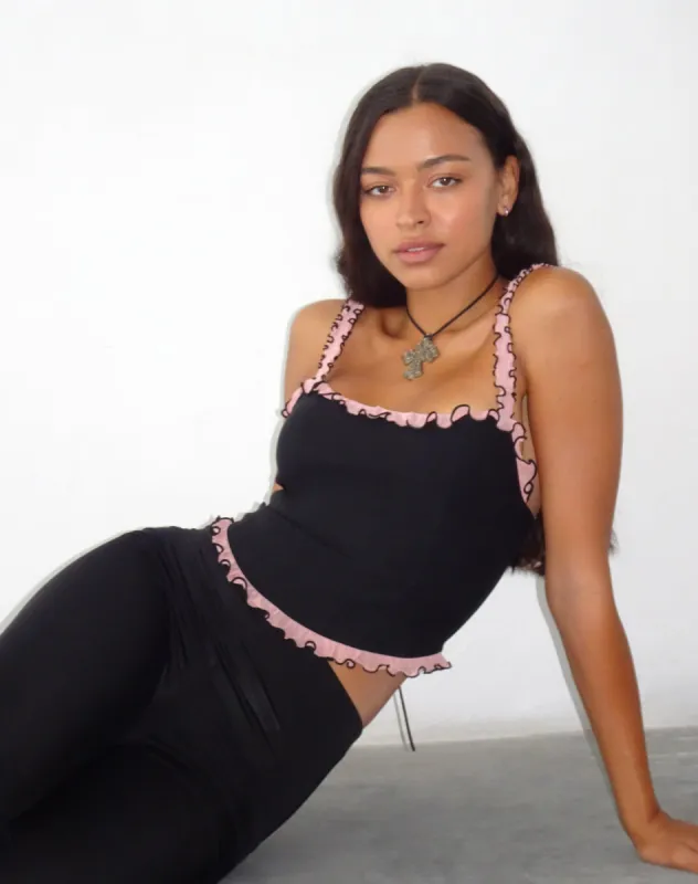 Idalia Corset Top in Black with Pink Mesh Ruffle sold by Motel Rocks
