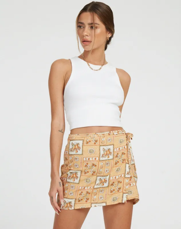 Volta Mini Skirt in Picnic Print Brown sold by Motel Rocks