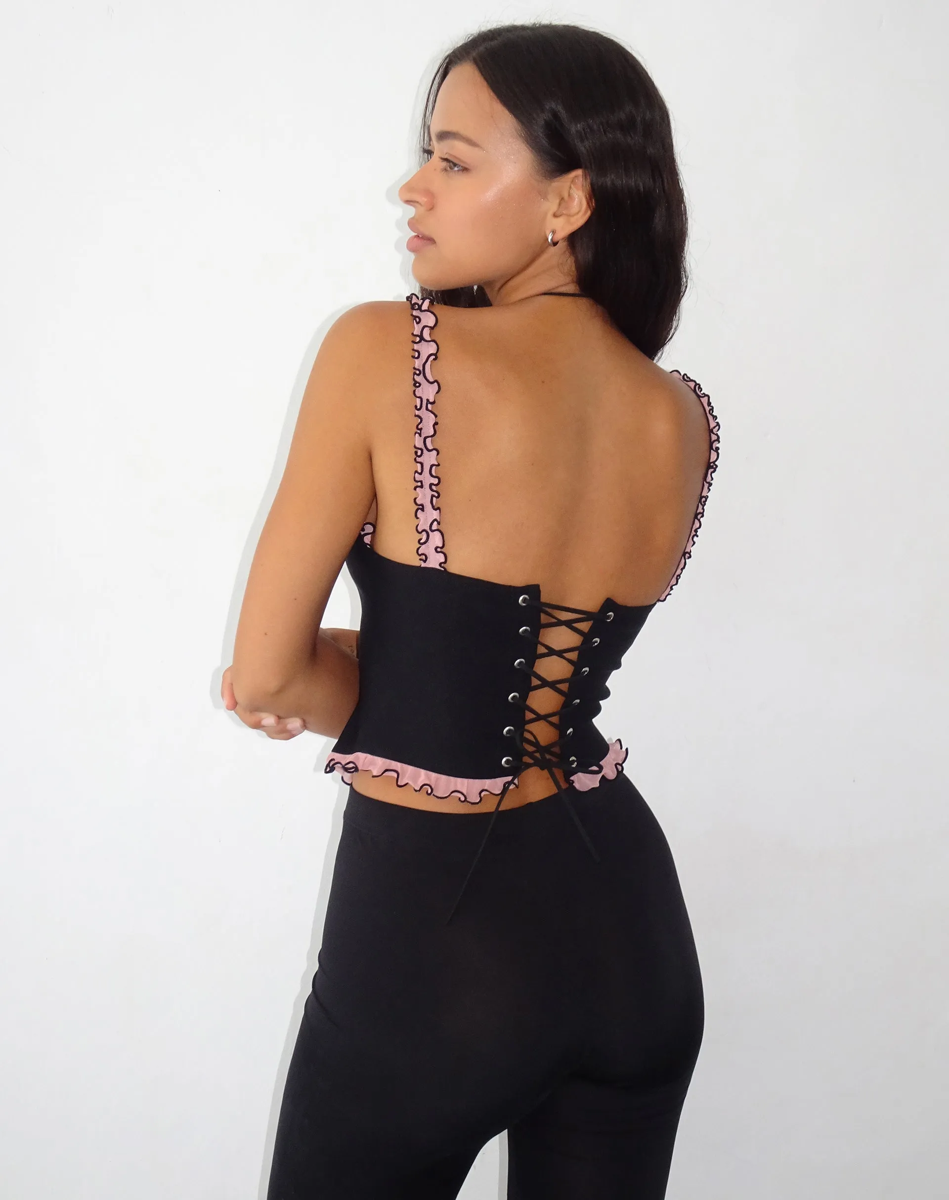 Idalia Corset Top in Black with Pink Mesh Ruffle sold by Motel Rocks product image thumbnail 2