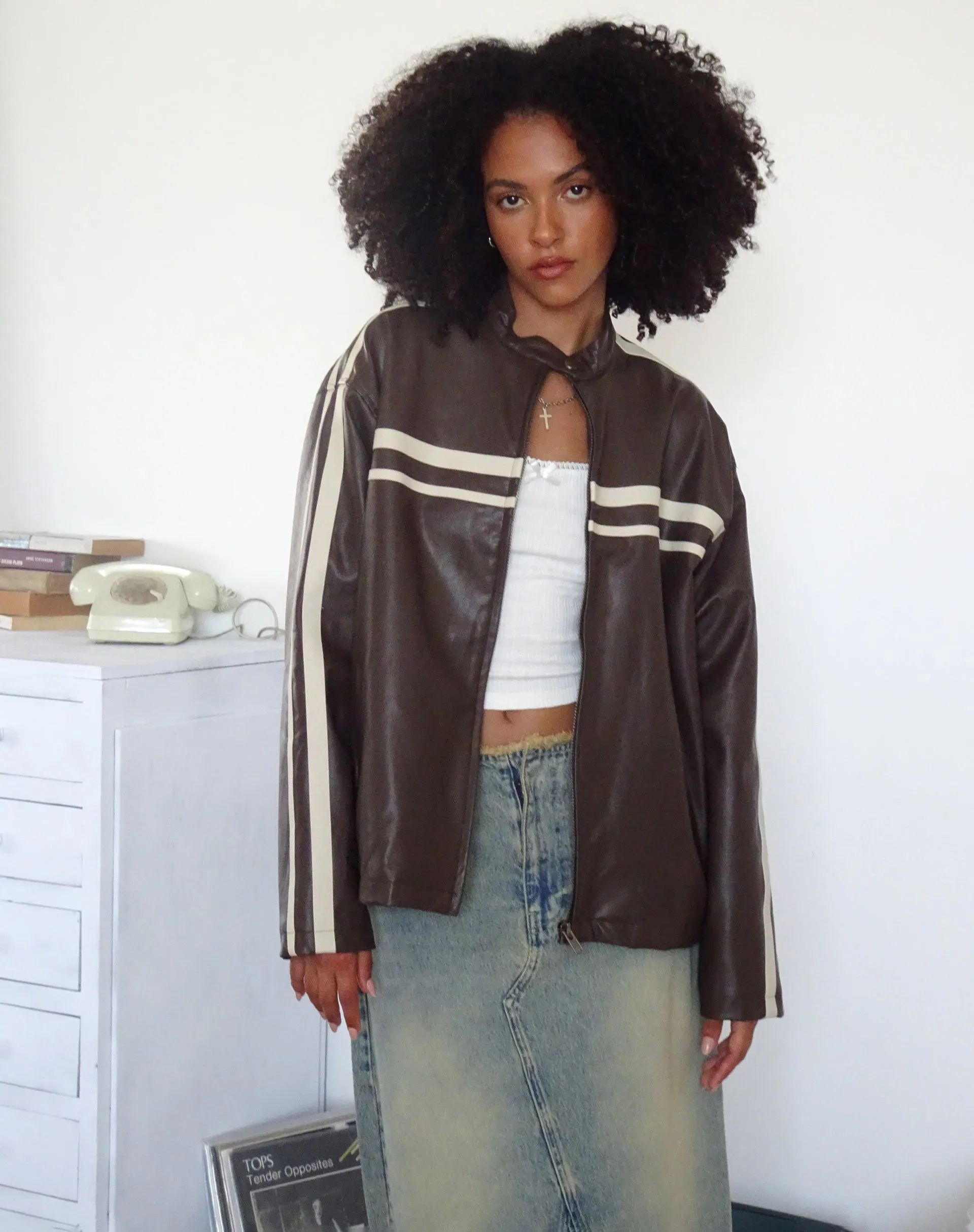 Colton Jacket in PU Chocolate with Ivory Stripe sold by Motel Rocks product image thumbnail 4