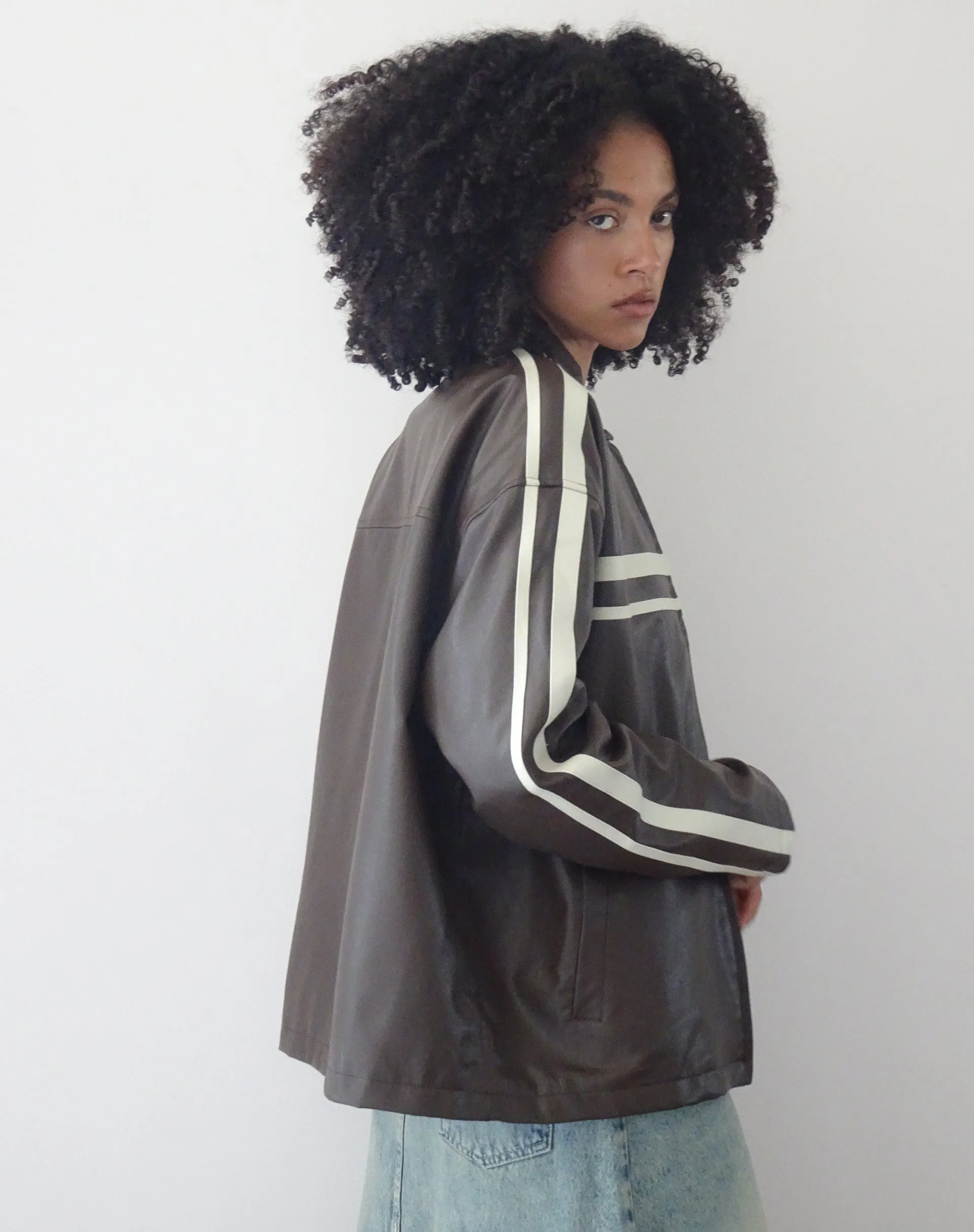 Colton Jacket in PU Chocolate with Ivory Stripe sold by Motel Rocks product image thumbnail 3