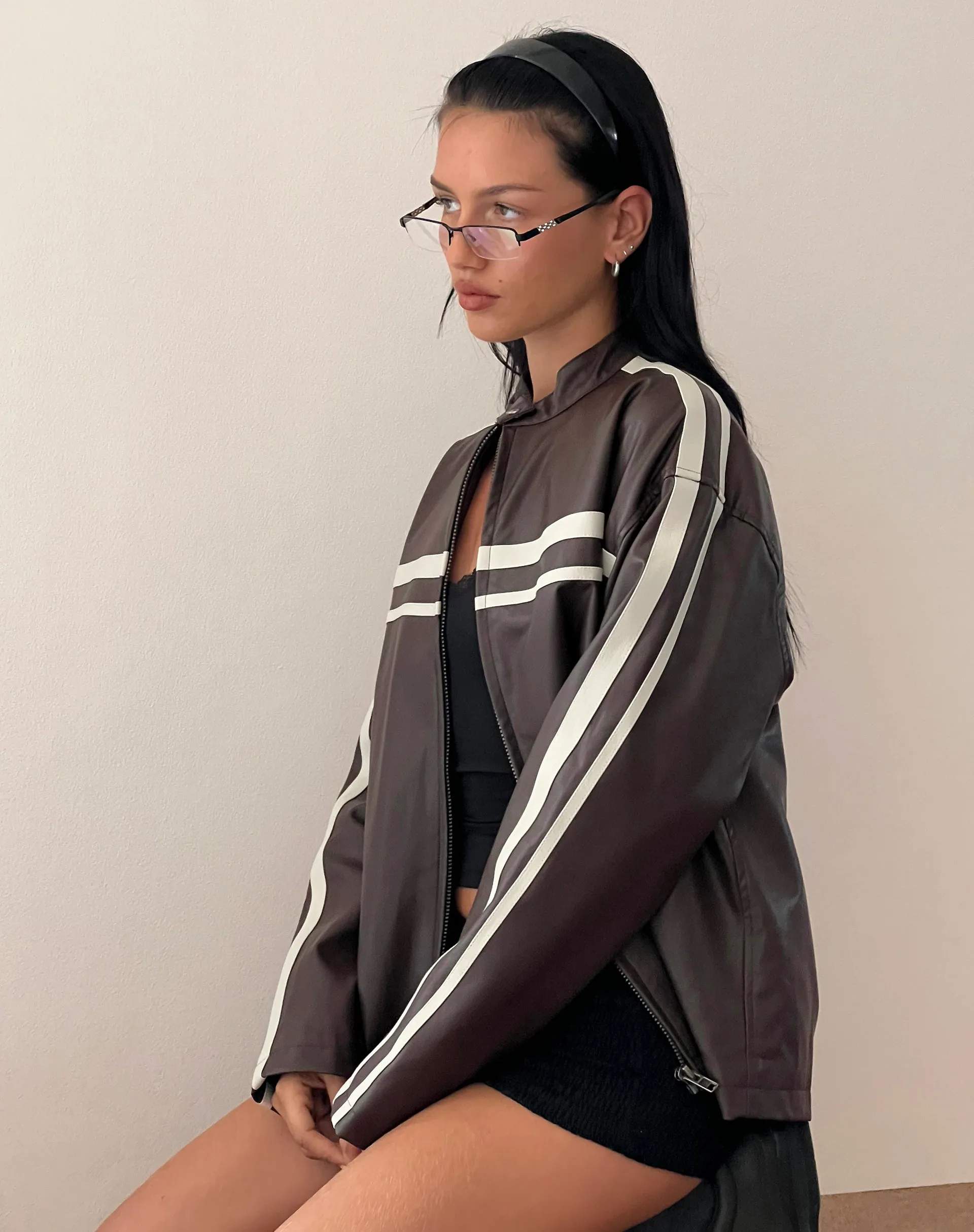 Colton Jacket in PU Chocolate with Ivory Stripe sold by Motel Rocks product image thumbnail 5