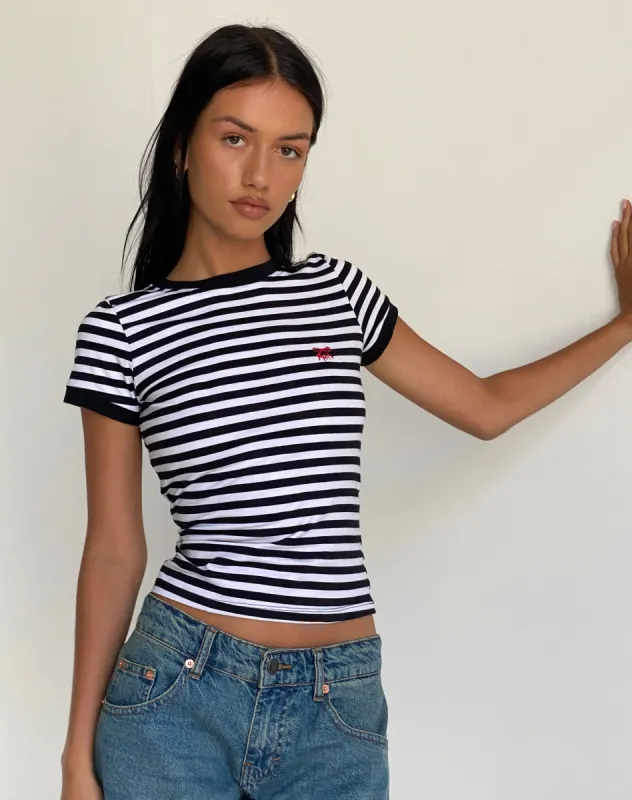 Sutin Tee in Black and White Stripe with M Embro sold by Motel Rocks