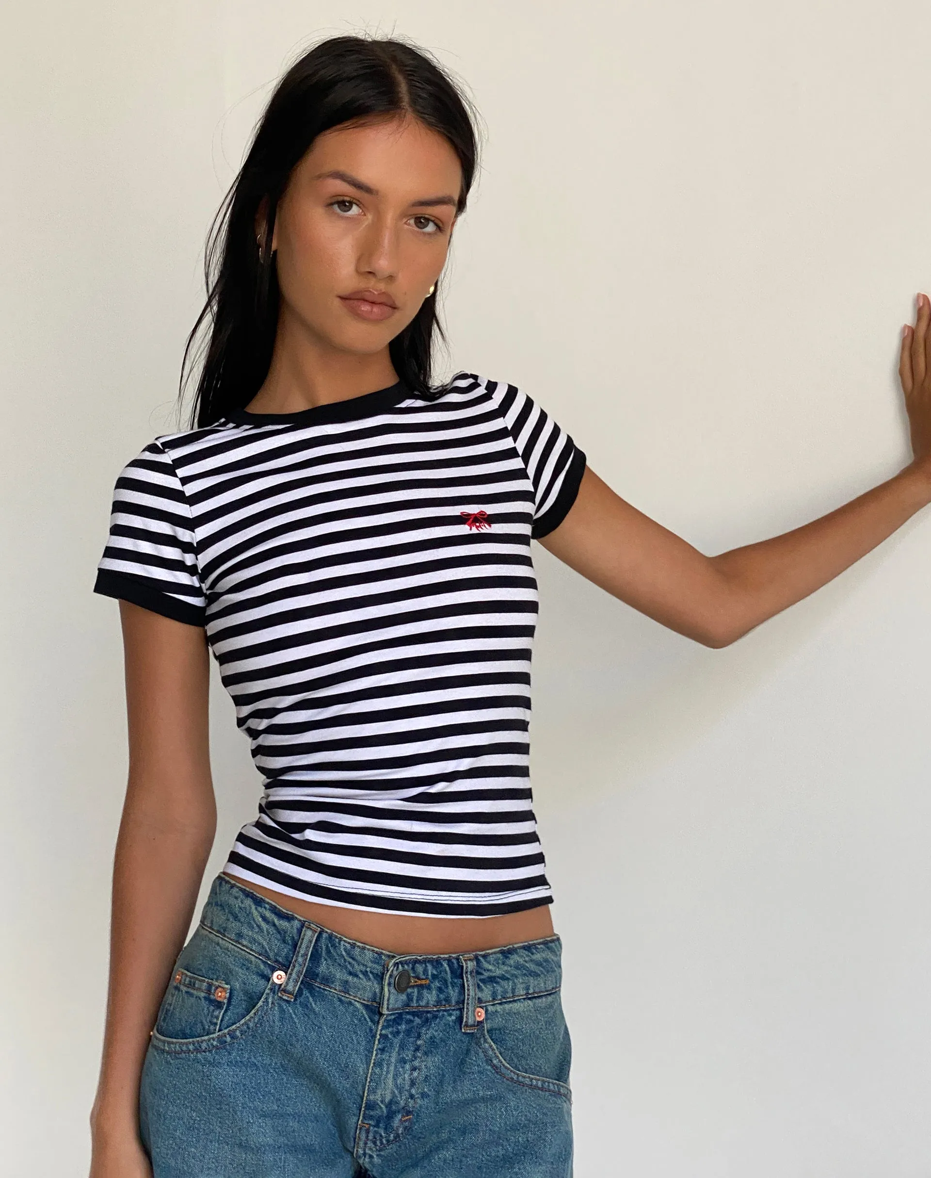 Sutin Tee in Black and White Stripe with M Embro sold by Motel Rocks