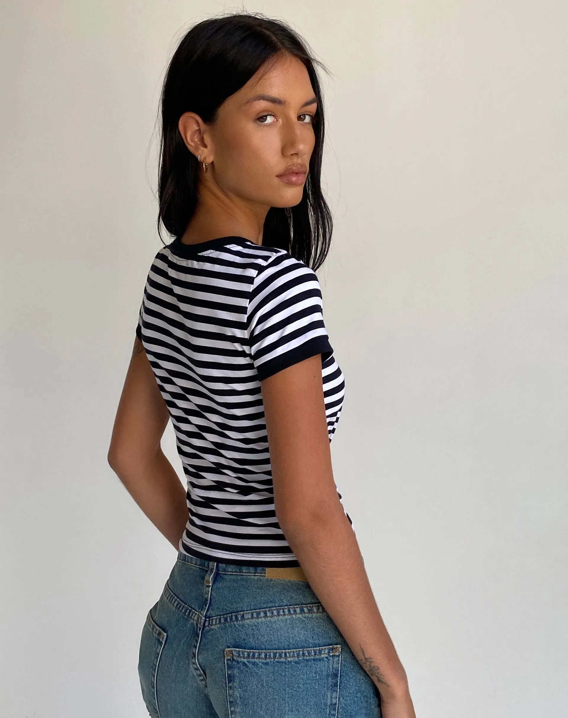 Sutin Tee in Black and White Stripe with M Embro sold by Motel Rocks product image thumbnail 4