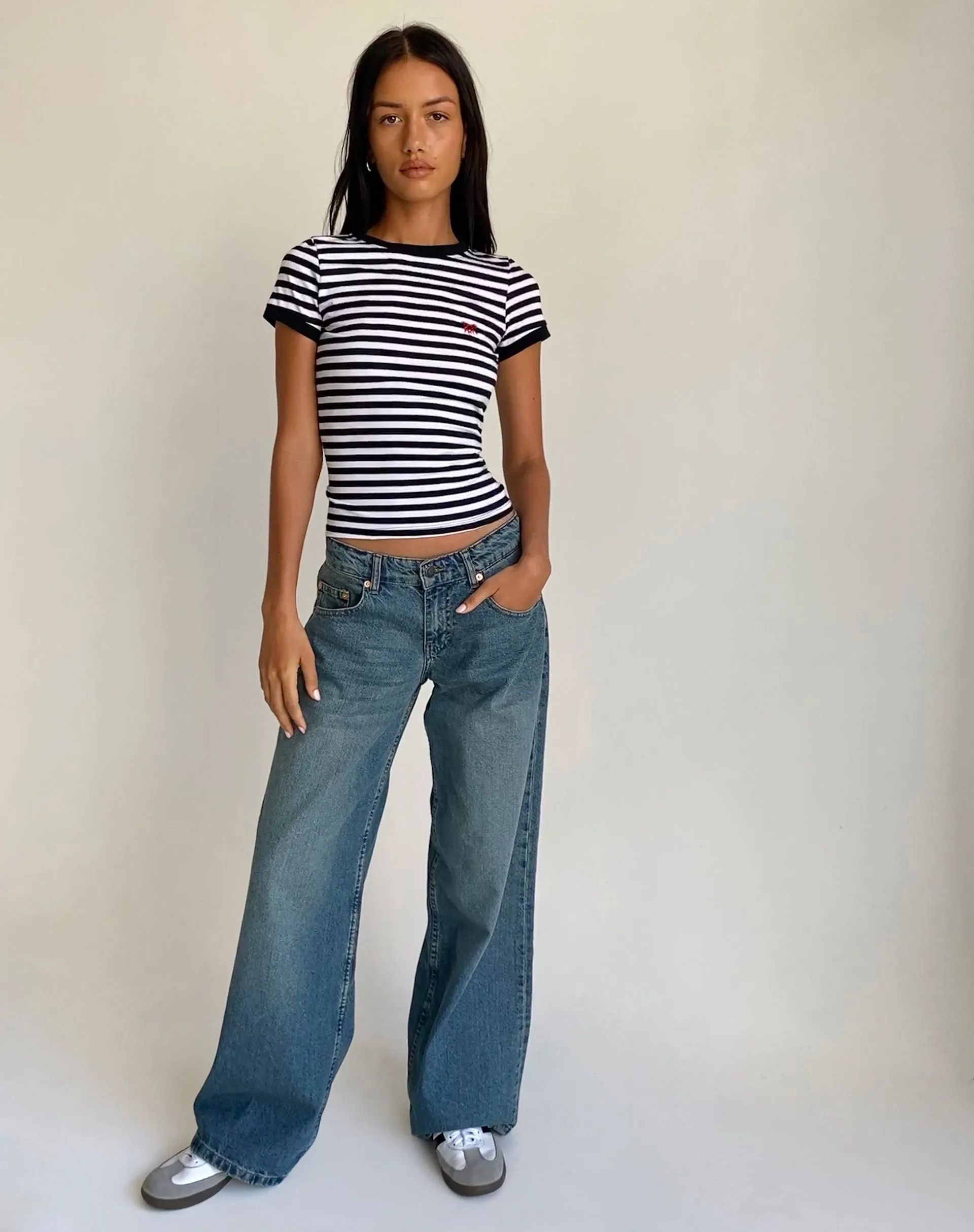 Sutin Tee in Black and White Stripe with M Embro sold by Motel Rocks product image thumbnail 3