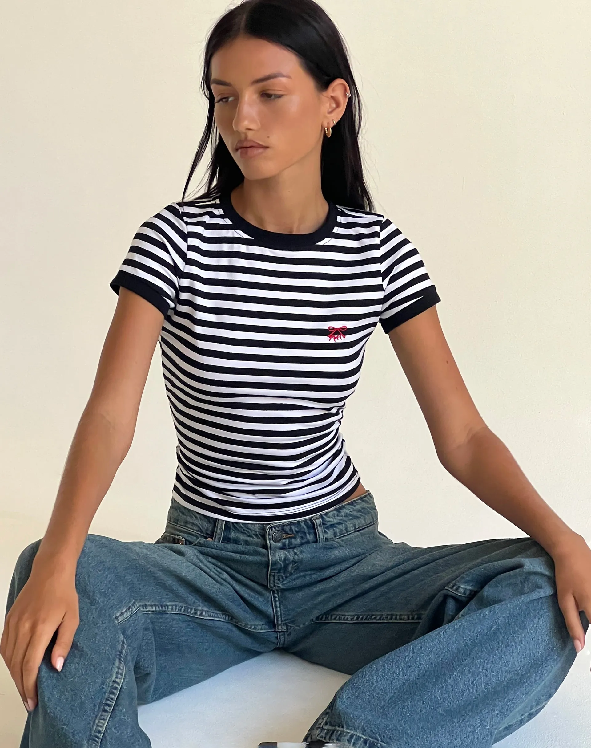 Sutin Tee in Black and White Stripe with M Embro sold by Motel Rocks product image thumbnail 2