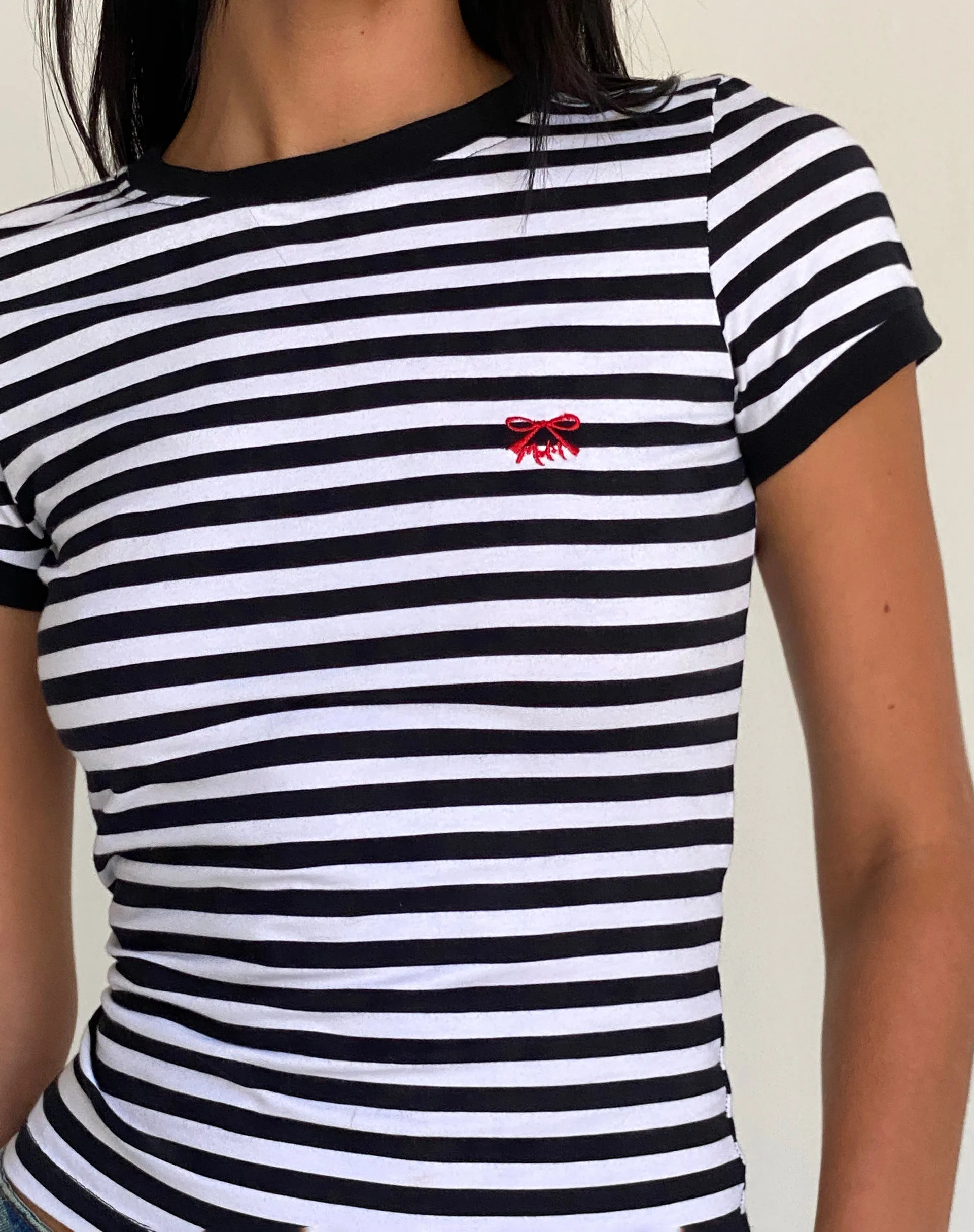Sutin Tee in Black and White Stripe with M Embro sold by Motel Rocks product image thumbnail 5