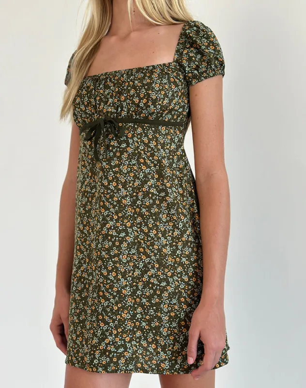 Savio Mini Dress in Grunge Floral Khaki sold by Motel Rocks