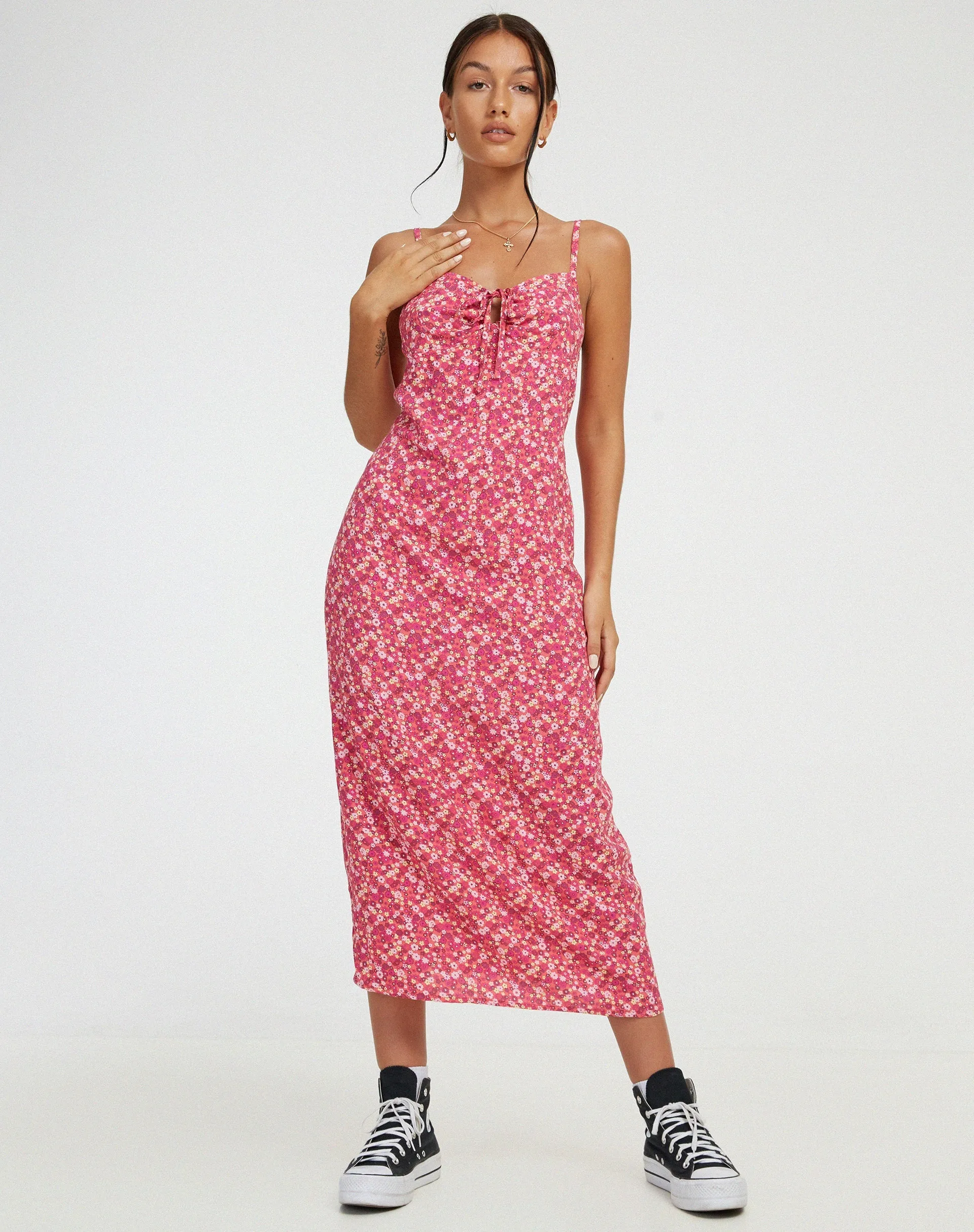 Shiori Midi Dress in Ditsy Floral Pink sold by Motel Rocks