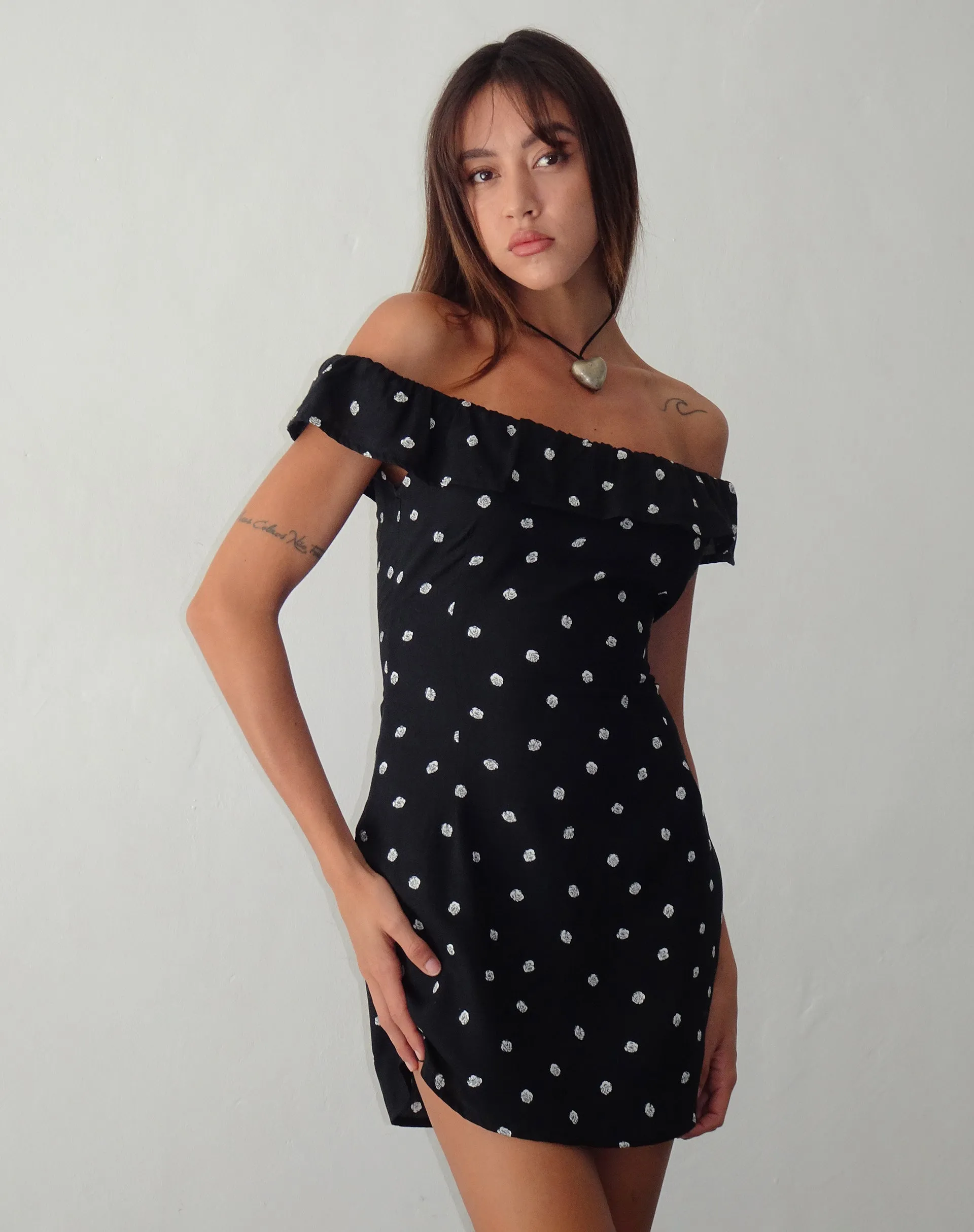 Yudia Bardot Mini Dress in Ditsy Rose Black sold by Motel Rocks product image thumbnail 4