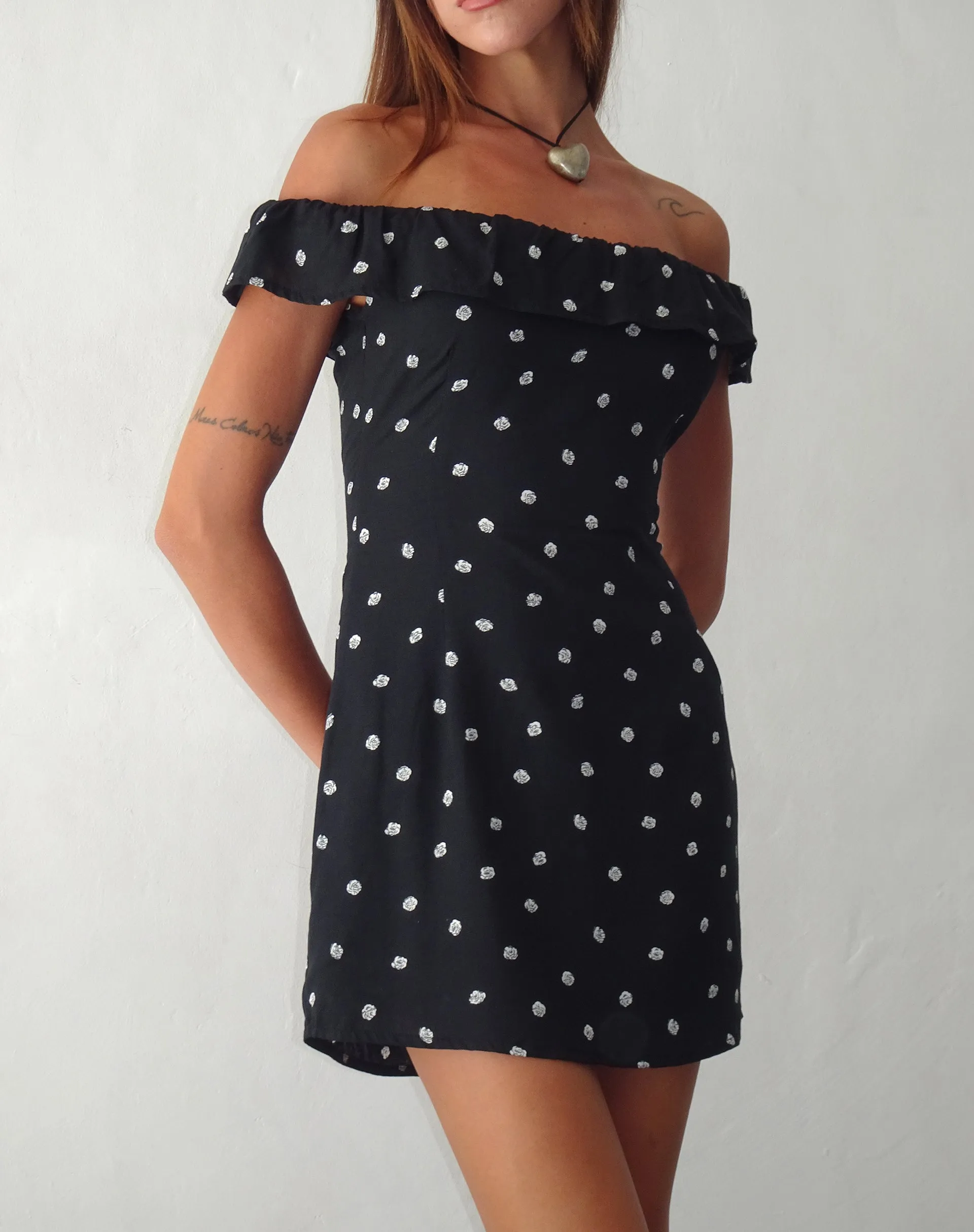 Yudia Bardot Mini Dress in Ditsy Rose Black sold by Motel Rocks product image thumbnail 2
