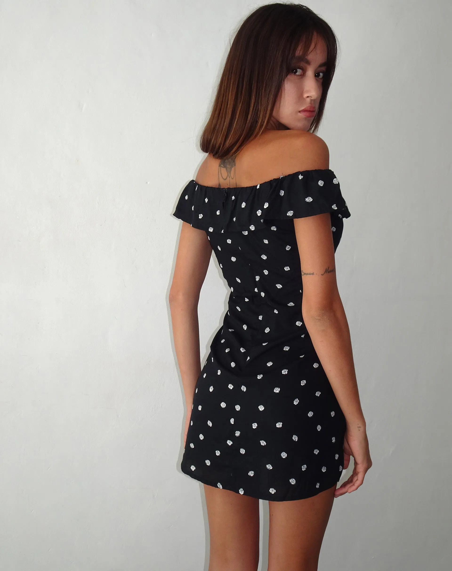 Yudia Bardot Mini Dress in Ditsy Rose Black sold by Motel Rocks product image thumbnail 3