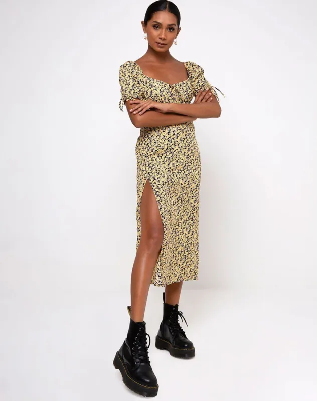 Cello Midi Dress in Mini Bloom Yellow sold by Motel Rocks