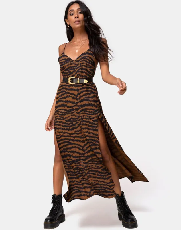 Hime Maxi Dress in Animal Drip Brown sold by Motel Rocks