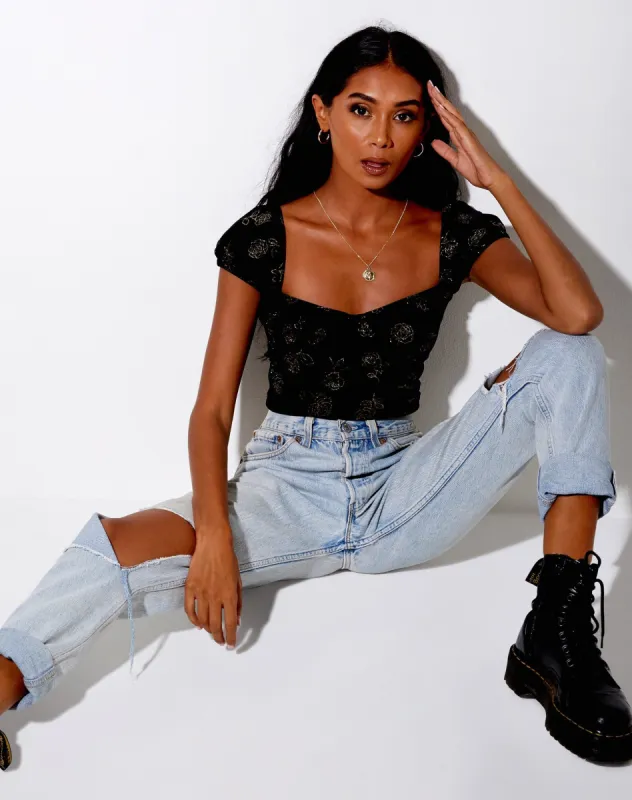 Glasty Crop Top in Black and Gold Rose Stamp sold by Motel Rocks
