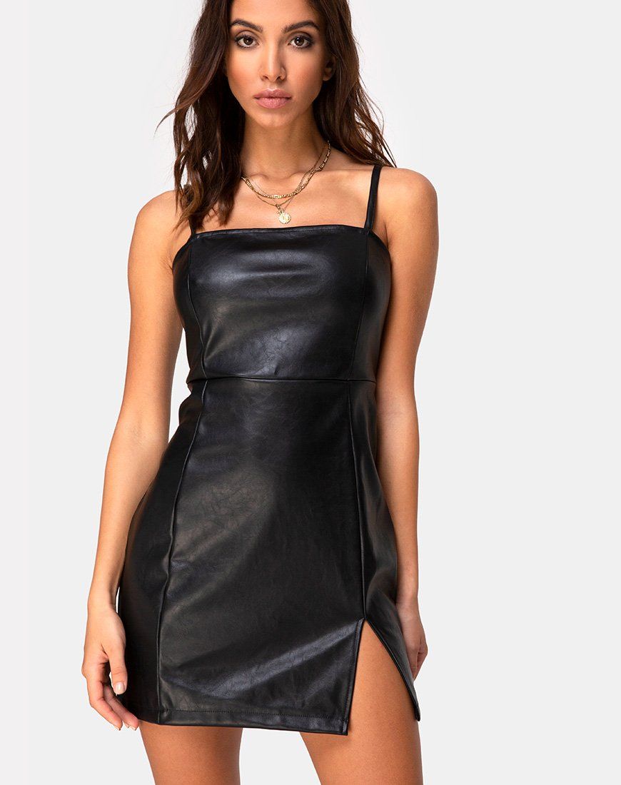 Rosina Dress in PU Black sold by Motel Rocks