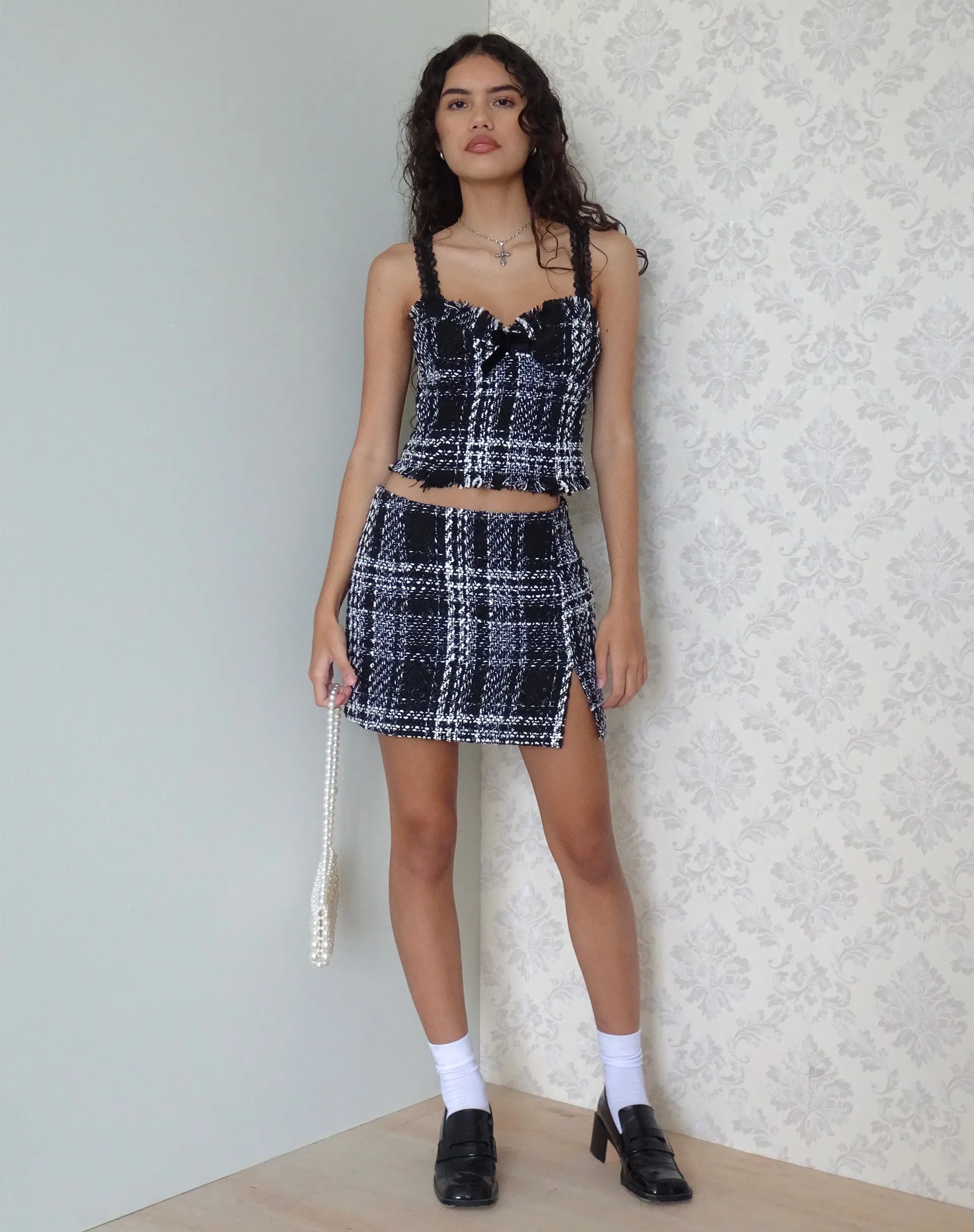 Mela Mini Skirt in Check Black and White sold by Motel Rocks
