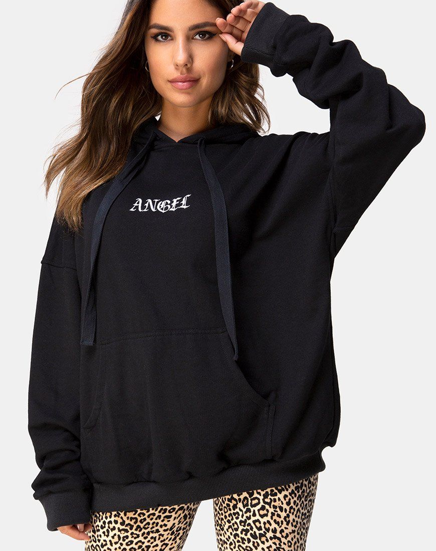Oversize Hoody in Black with Angel Embro sold by Motel Rocks