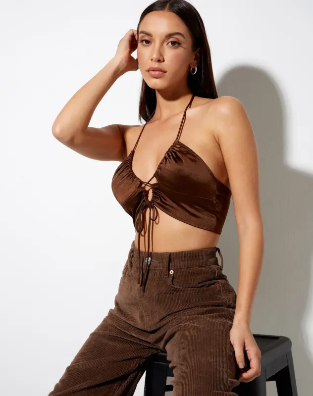 Halpi Crop Top in Satin Rich Brown sold by Motel Rocks