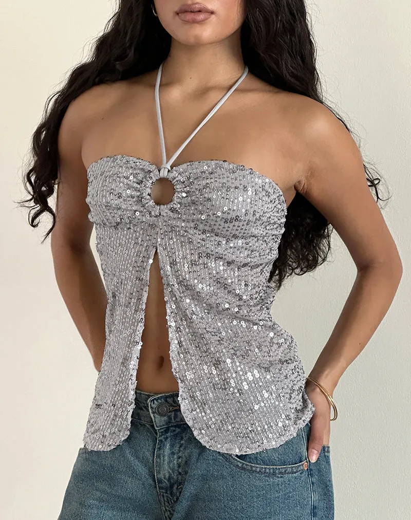 Janar Halterneck Top in Gauzy Sequin Silver sold by Motel Rocks