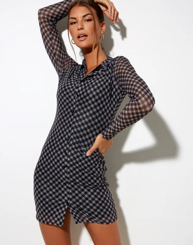 Avaya Dress in Mesh Diagonal Dogtooth Black and Tan sold by Motel Rocks