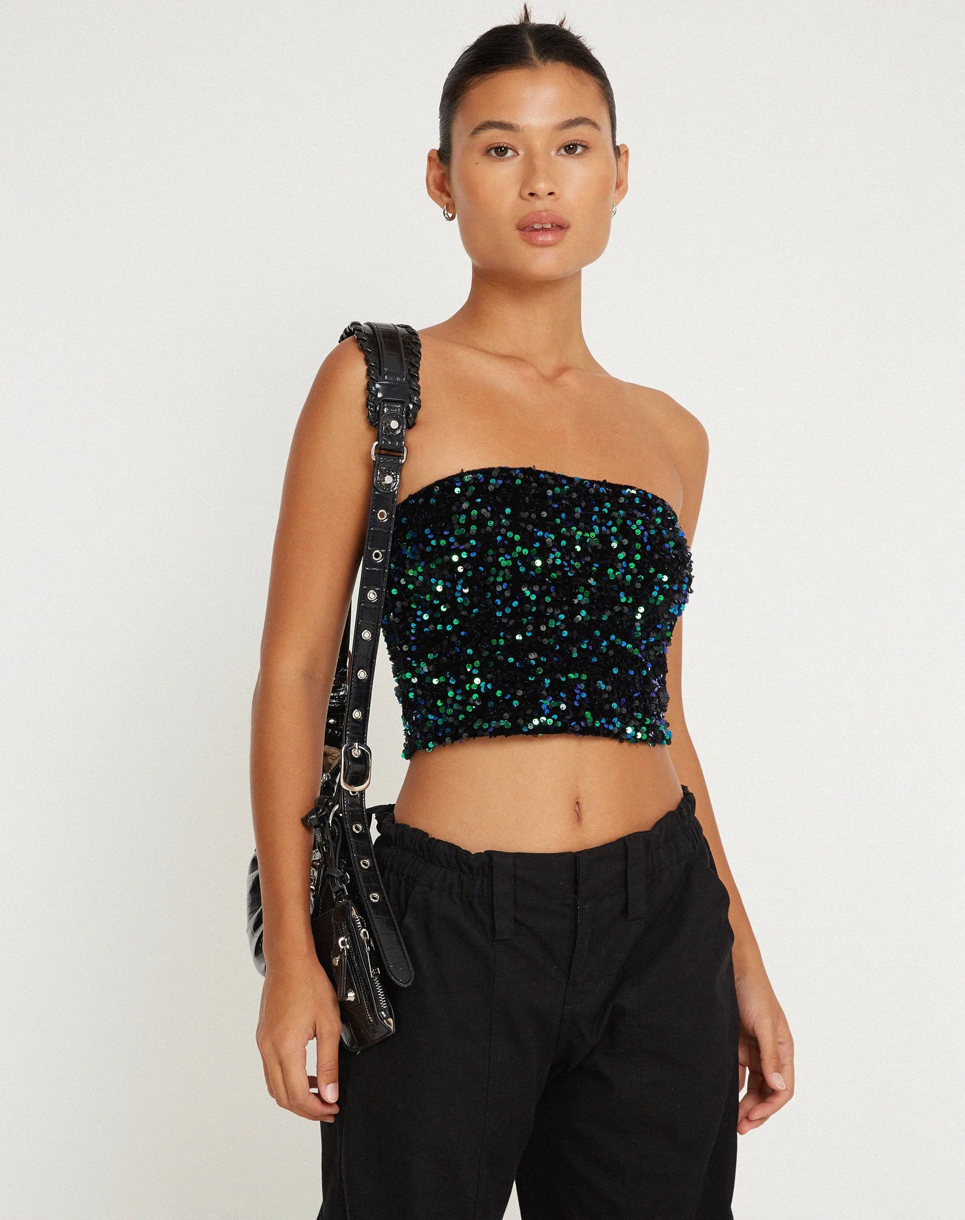 Shae Bandeau Top in Mini Sequin Green Iridescent sold by Motel Rocks