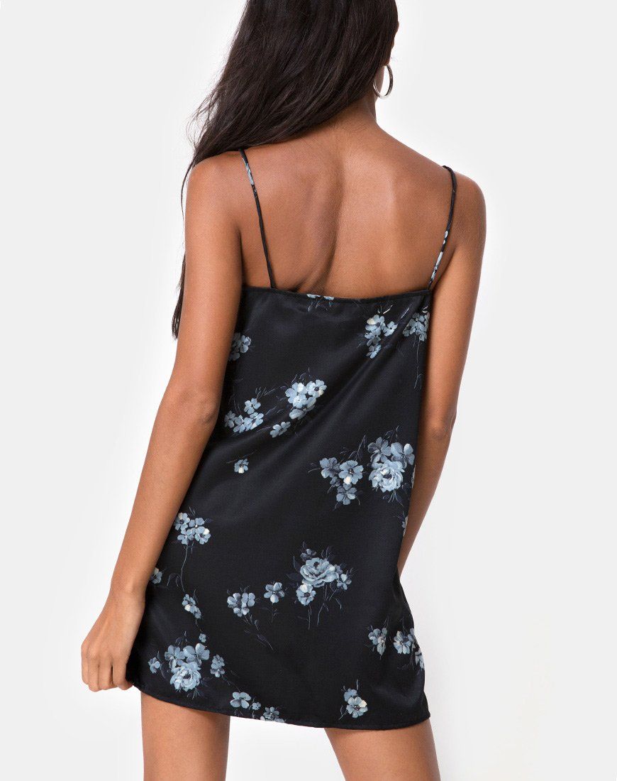 Gashi Slip Dress in Mono Flower Black Satin sold by Motel Rocks product image thumbnail 2