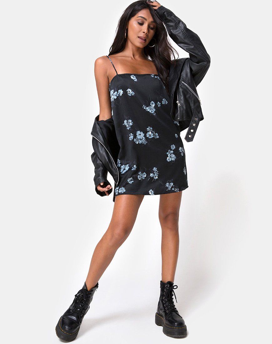 Gashi Slip Dress in Mono Flower Black Satin sold by Motel Rocks product image thumbnail 4