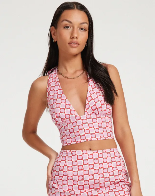 Nanda Crop Top in Apple Check Blush Red sold by Motel Rocks