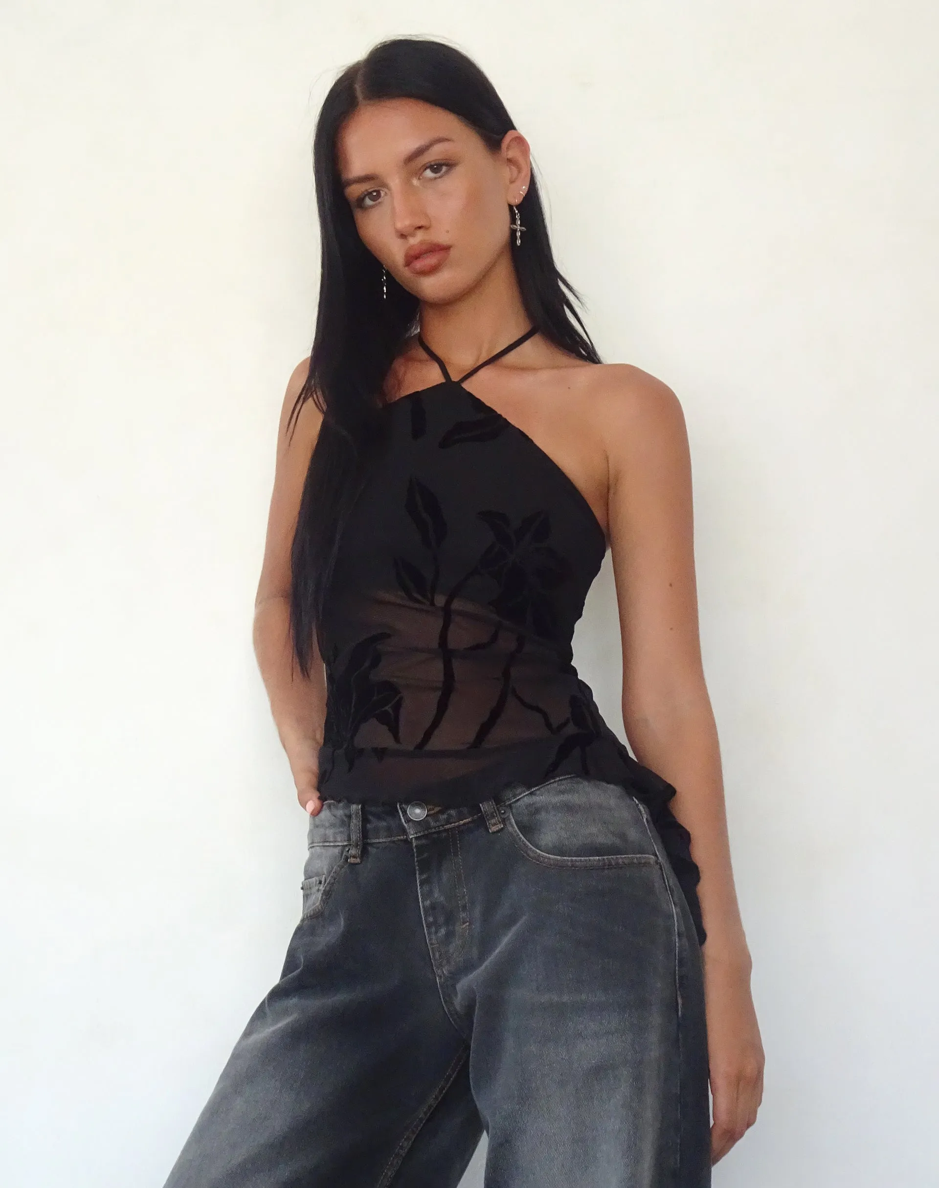 Arabella Halterneck Top in Orchids Flock Black sold by Motel Rocks product image thumbnail 3