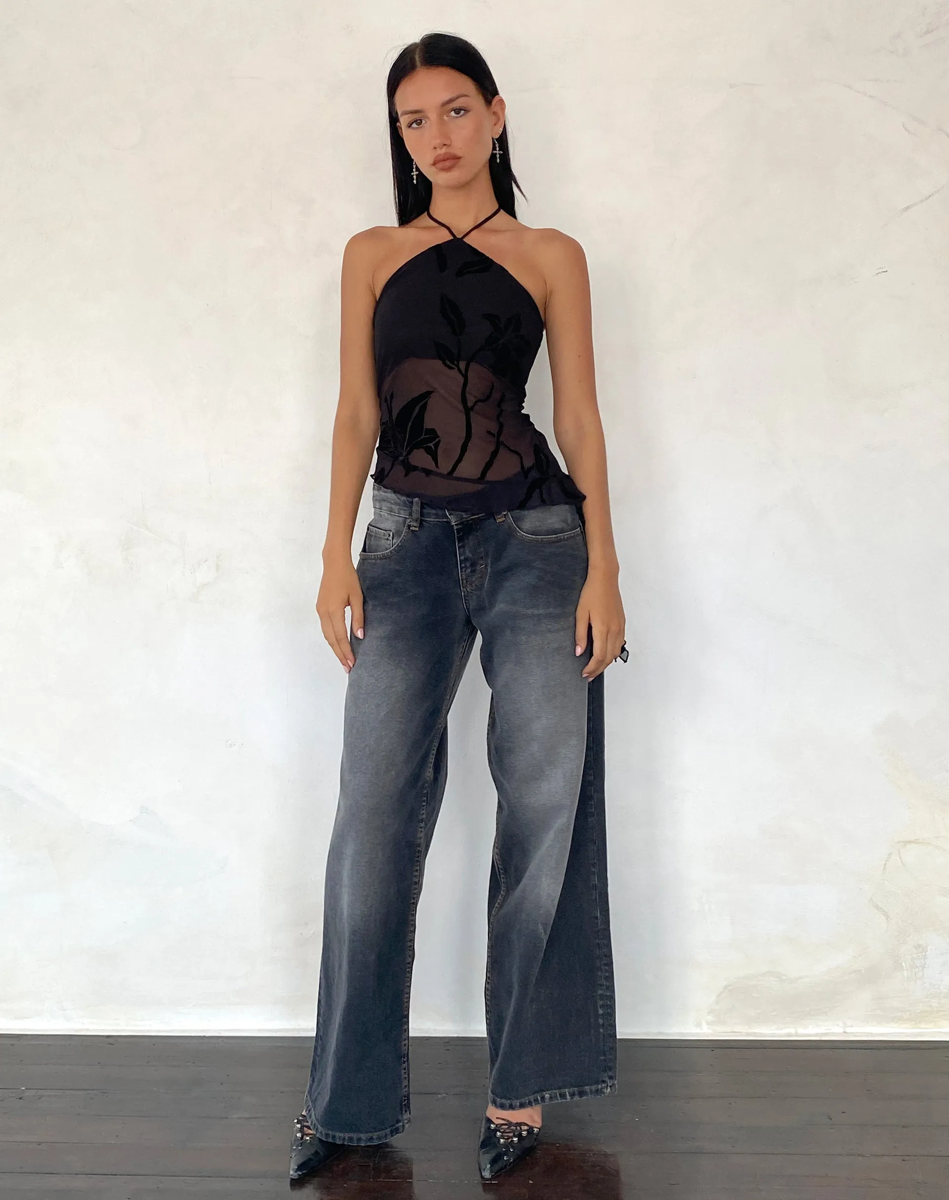 Arabella Halterneck Top in Orchids Flock Black sold by Motel Rocks product image thumbnail 4