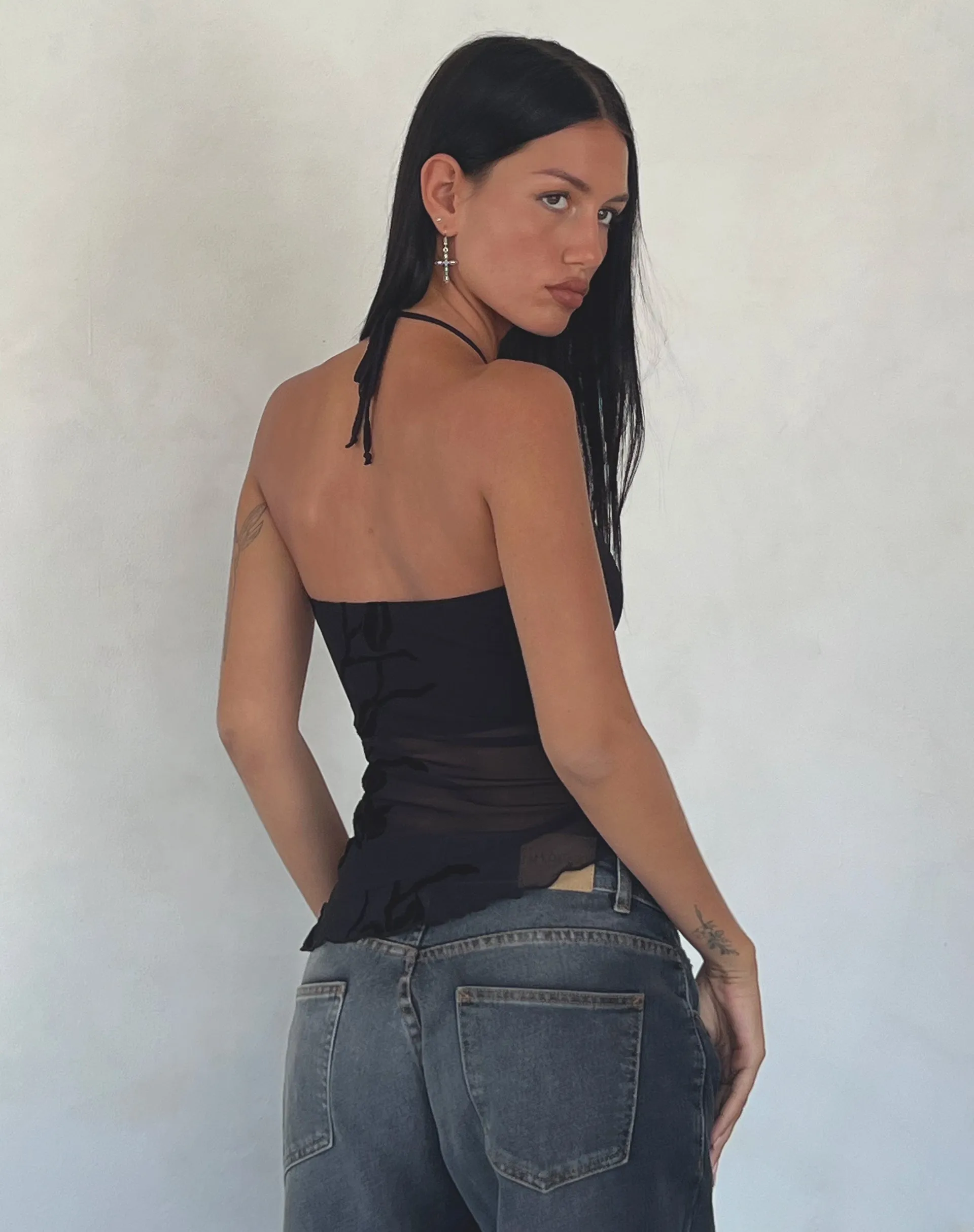 Arabella Halterneck Top in Orchids Flock Black sold by Motel Rocks product image thumbnail 2