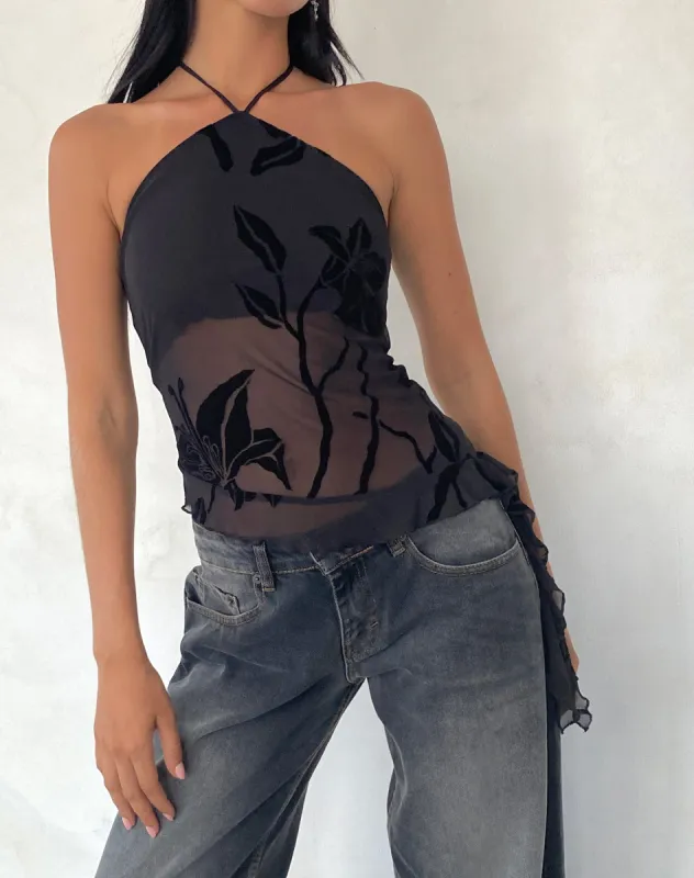 Arabella Halterneck Top in Orchids Flock Black sold by Motel Rocks