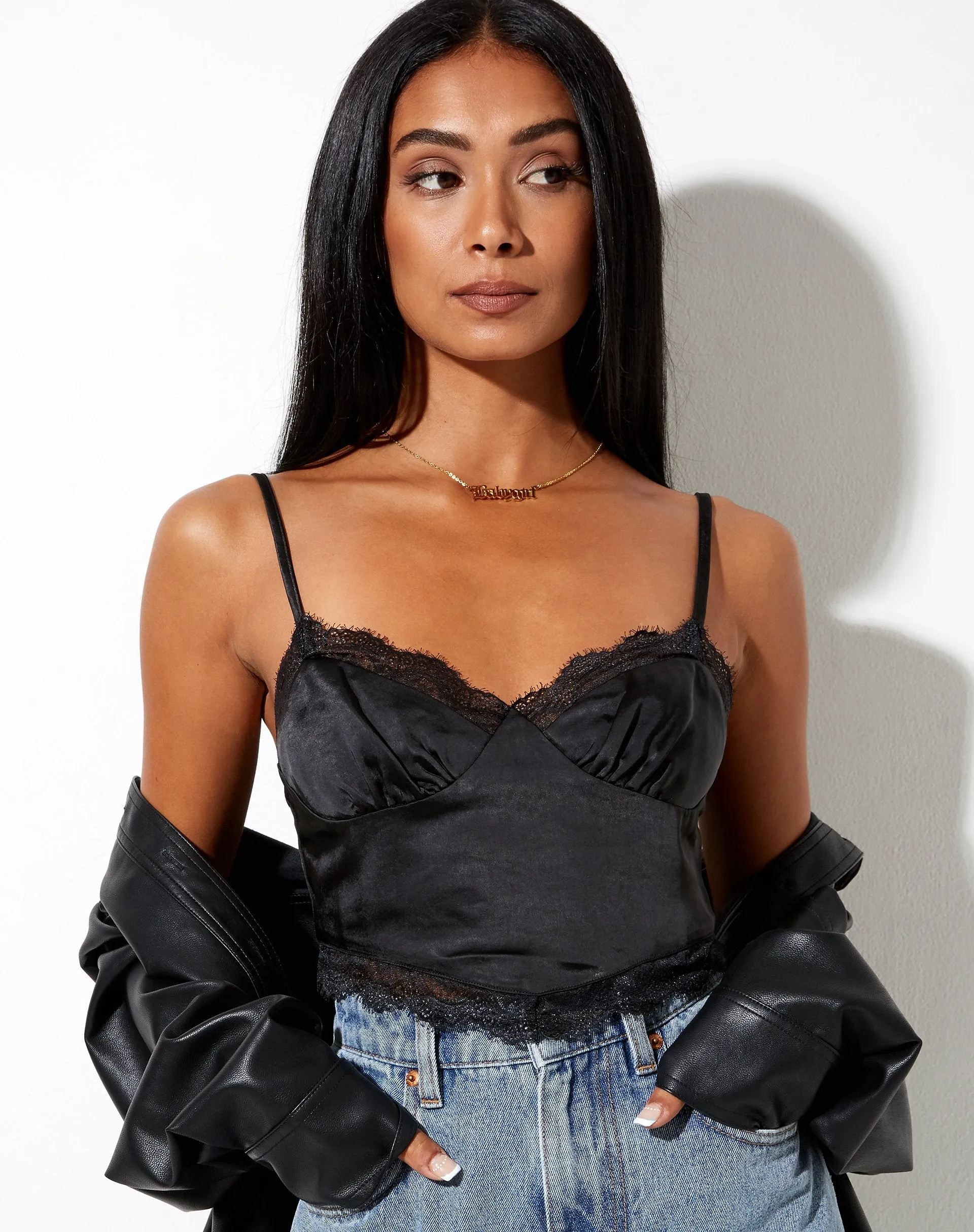 Gemlou Cami Top in Satin Black sold by Motel Rocks product image thumbnail 4