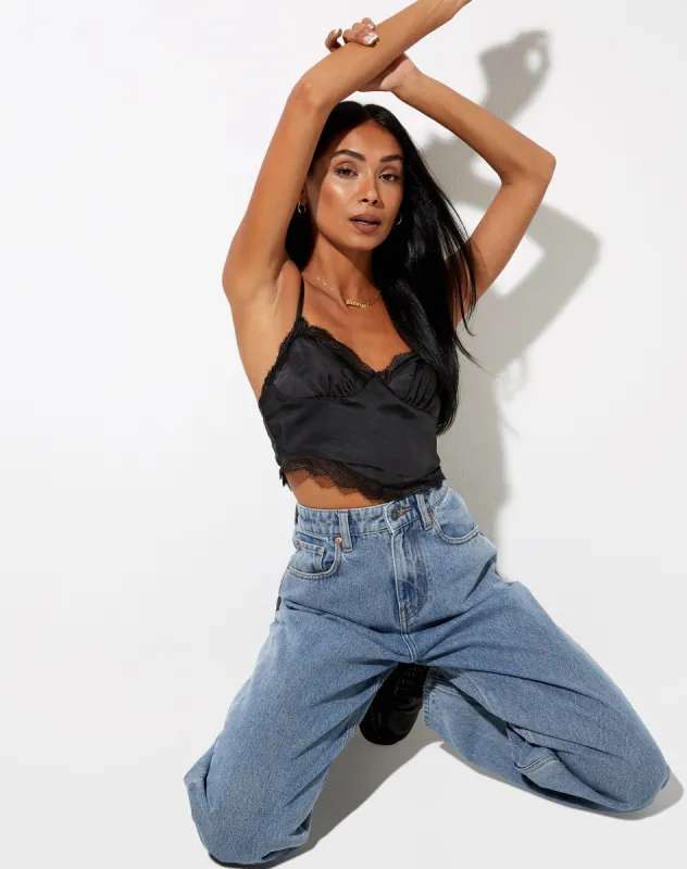 Gemlou Cami Top in Satin Black sold by Motel Rocks